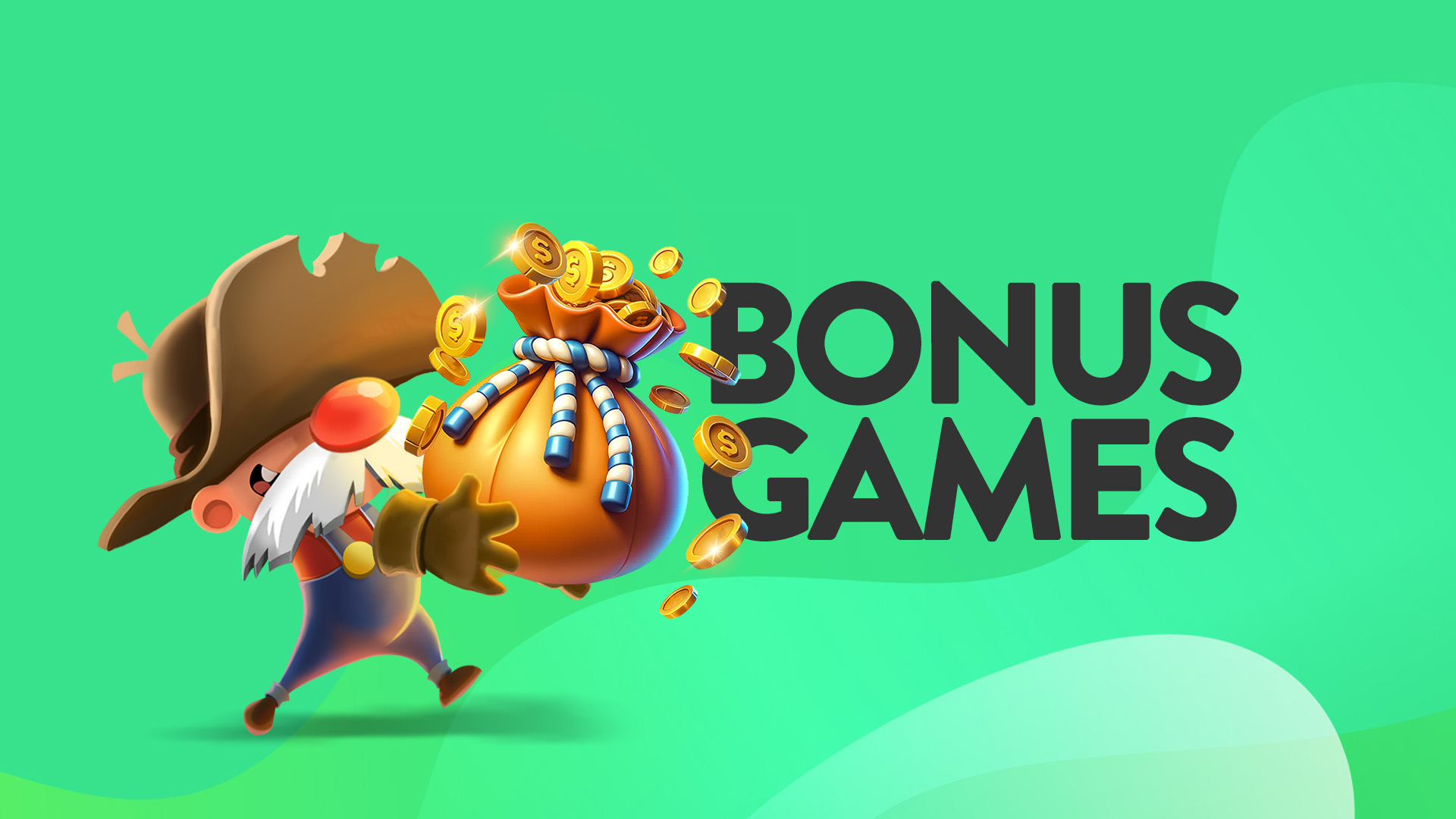 A cartoon prospector with a big bushy mustache carries a gold sack with gold coins tumbling out of the top. Text says ‘Bonus Games’ next to it, and it’s all on a mint green background.