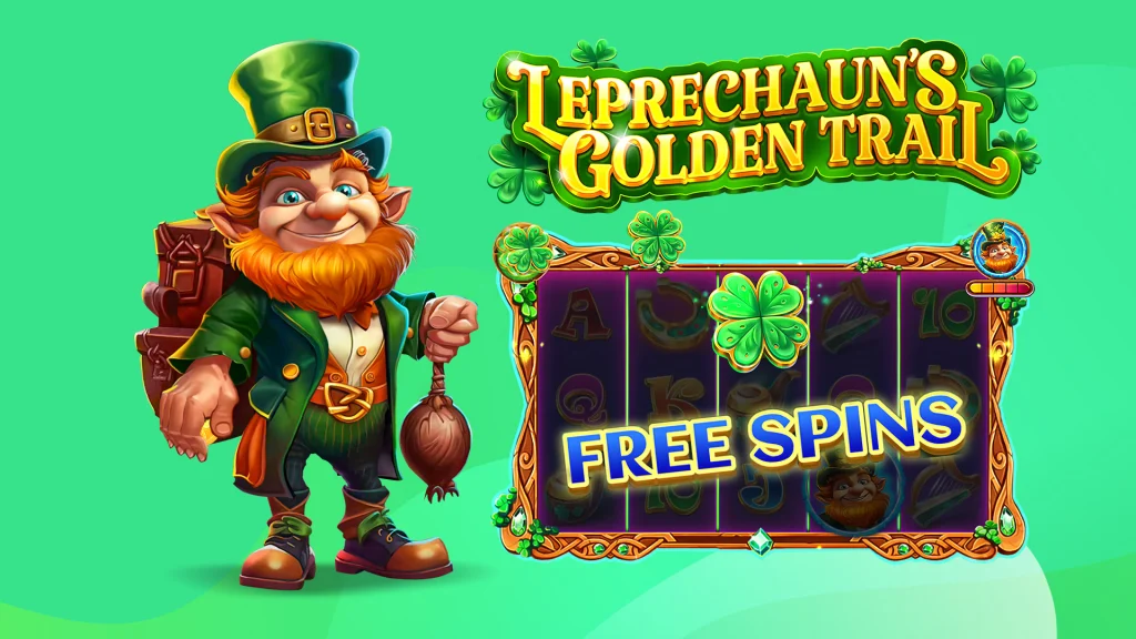 A leprechaun stands to the left of a slot grid that says ‘Free Spins’ and above it text says ‘Leprechaun’s Golden Trail’ and it’s all on a mint green background.