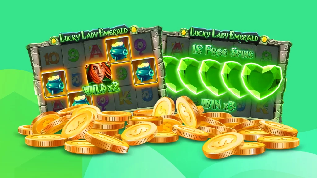 There’s a green background showing two slot screens with features next to each other and a pile of gold coins in front of them. 