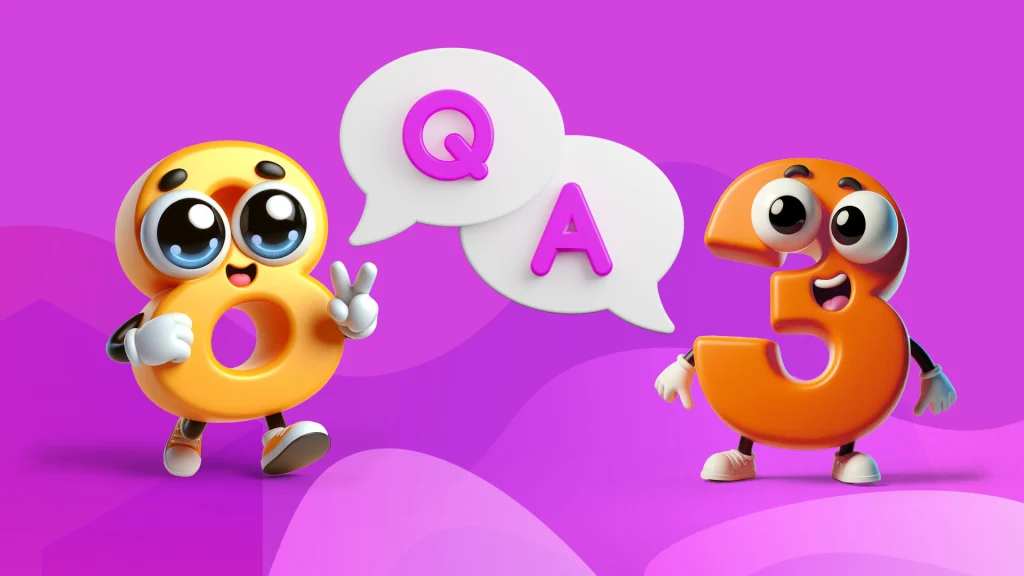 Numbers 8 and 3 stand across from each other on a purple background, and in between them are talking bubbles that say ‘Q’ and ‘A’.
