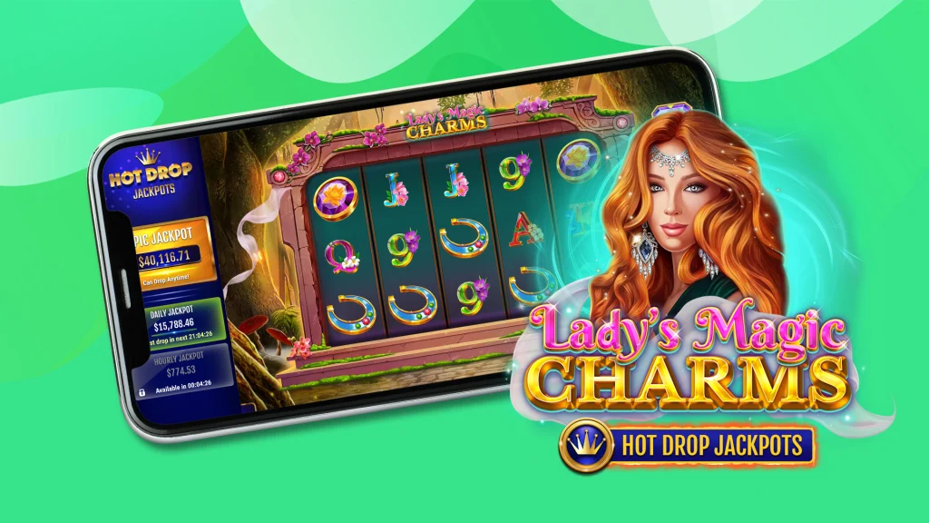A mobile phone has a slot game on it and next to it is the picture of a woman with long red hair above text that reads ‘Lady’s Magic Charms Hot Drop Jackpots’, all on a mint green background.