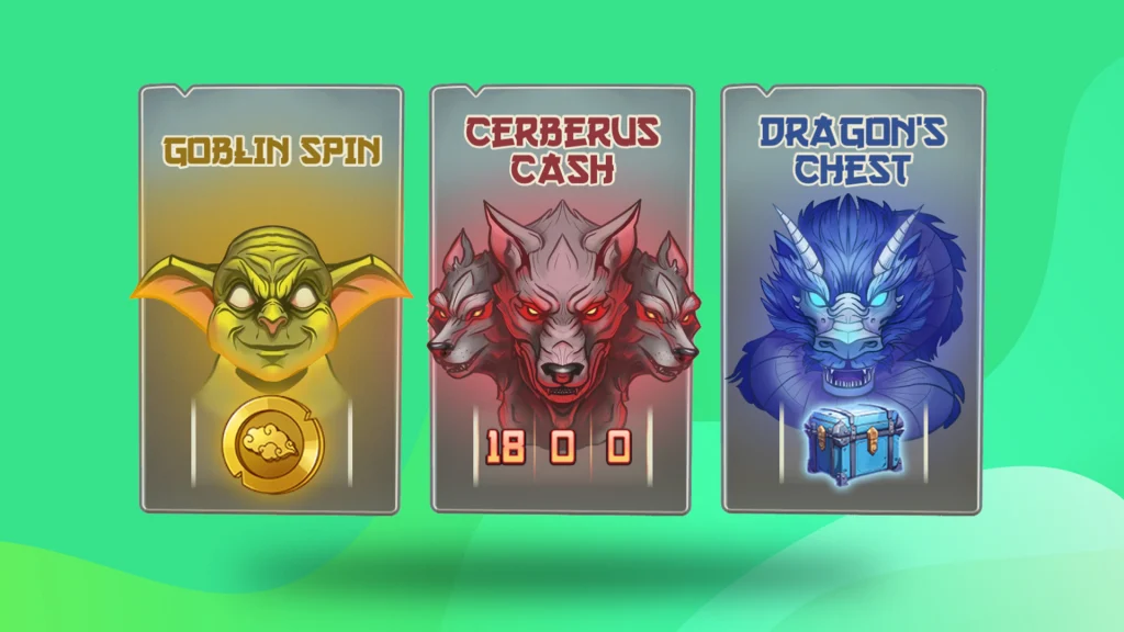 There’s a mint-green background and pictures of three goblin-like monsters on cards.