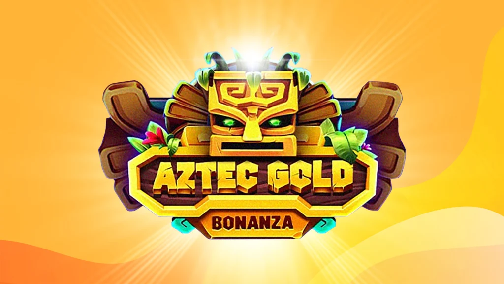 The text says ‘Aztec Gold Bonanza’ and there are stone figures surrounding it on top of a gold background. 