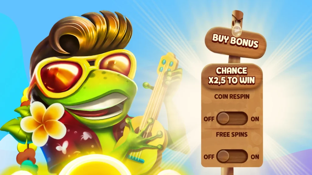 : A frog dressed es Elvis in Hawaiian clothes plays a ukulele to the left and next to him on the right is a wooden sign that says ‘Buy Bonus’ and ‘Chance x2.5 to win’.