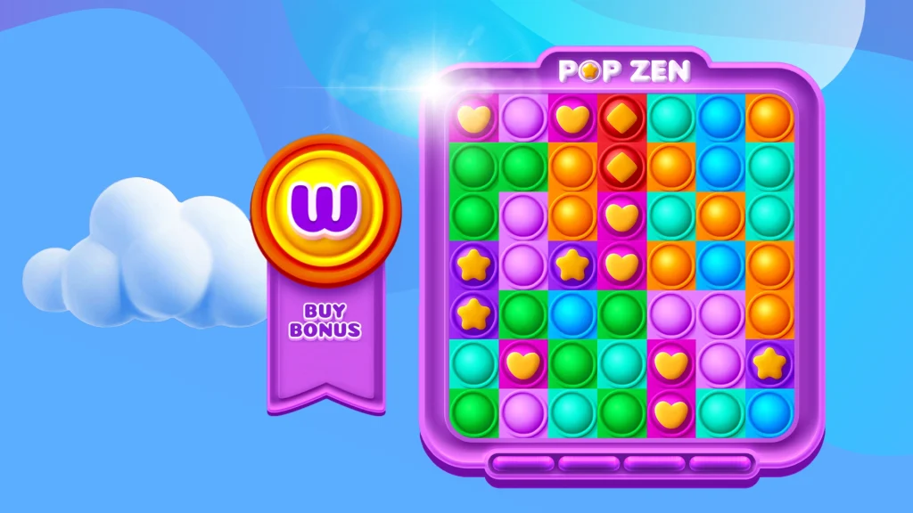 Floating in the sky is a large slot grid labeled ‘Pop Zen’ and a ribbon to the left that says ‘Buy Bonus’.