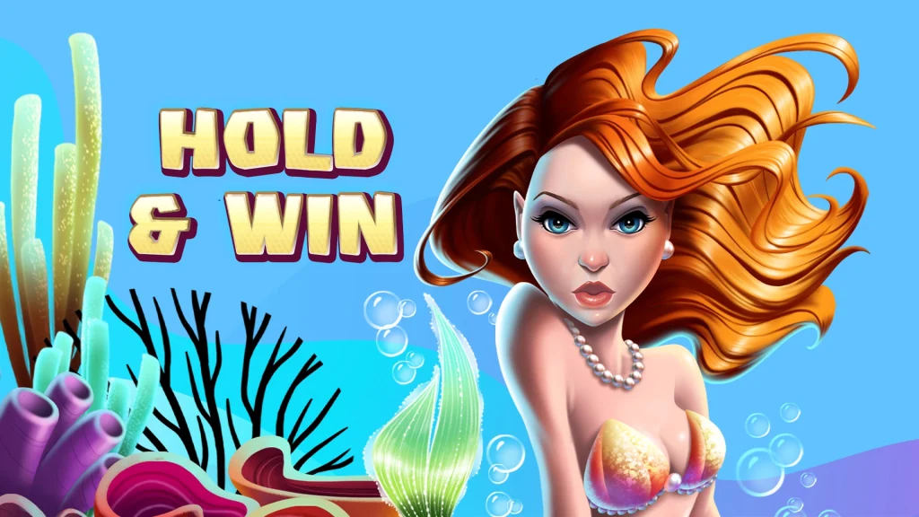 We see text that reads ‘Hold & Win’ and there’s a mermaid to the right and it’s all underwater with a light blue background surrounded by colorful coral. 