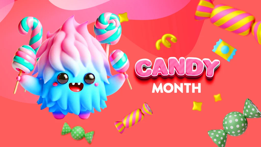 On a bright pink background is a big cotton candy character holding sweet lollipops and text that says ‘Candy Month’. All for a sweet-themed slot.