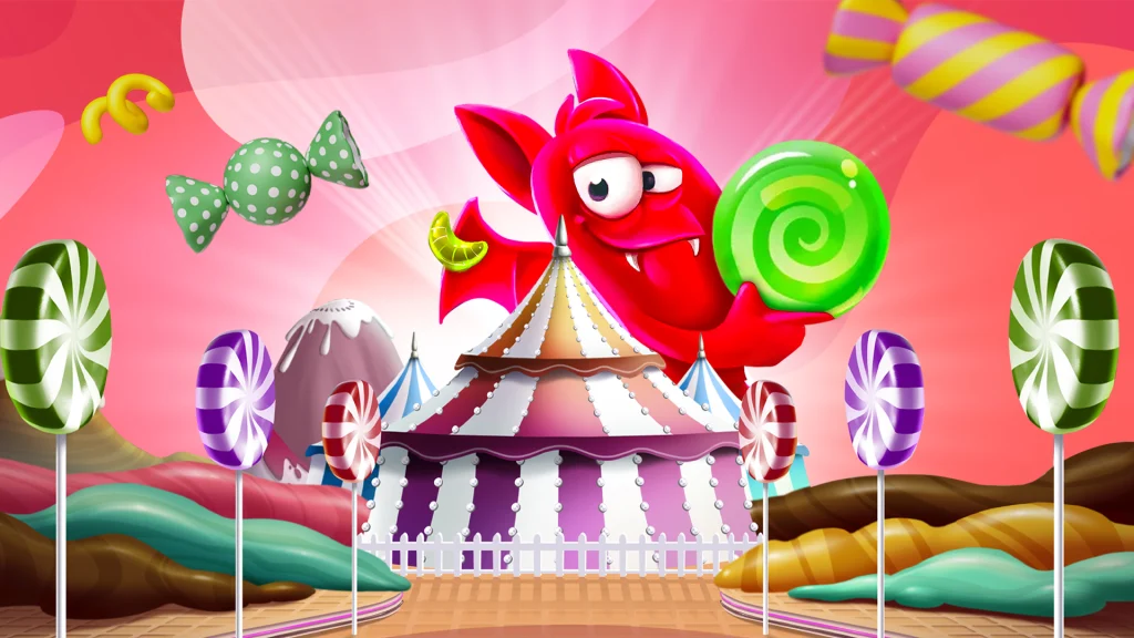 There’s a big candy monster behind a candy carnival tent and it’s all surrounded by lollipops and wrapped candies and a light pink sky.