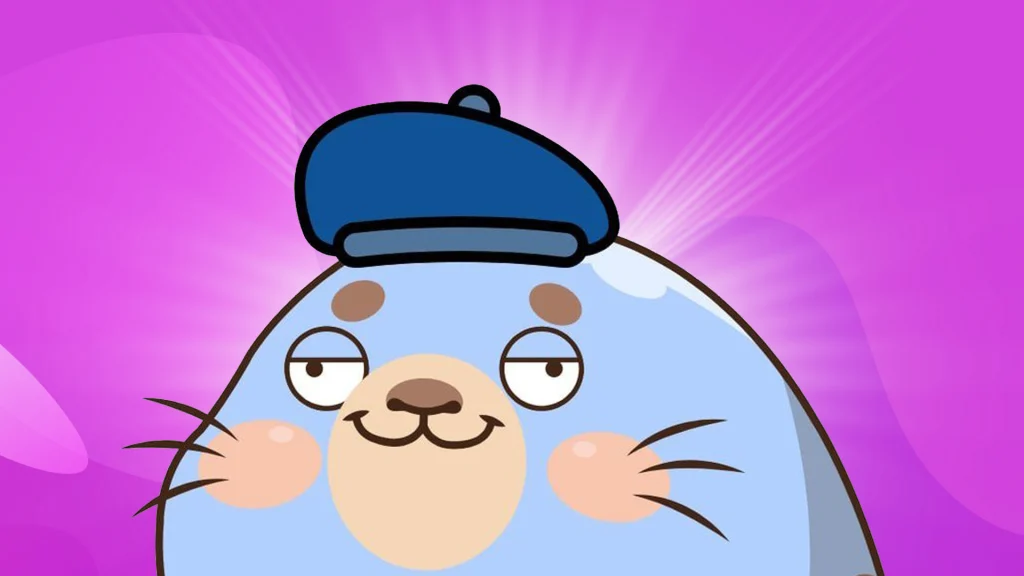 A smiling, pudgy seal wearing a beret is on a purple background.