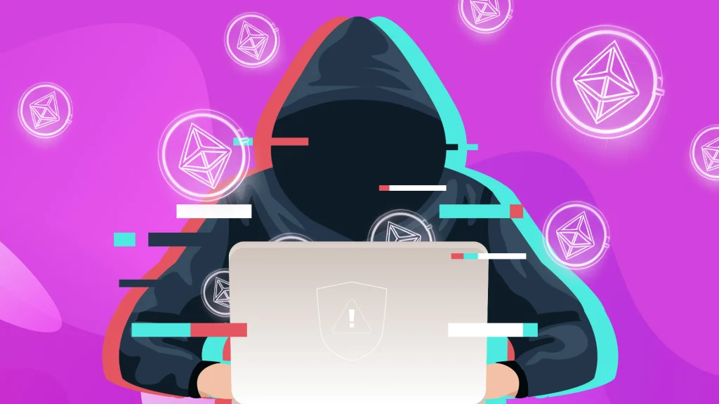 Hacker-like hooded figure sitting in front of a computer against a purple background. 