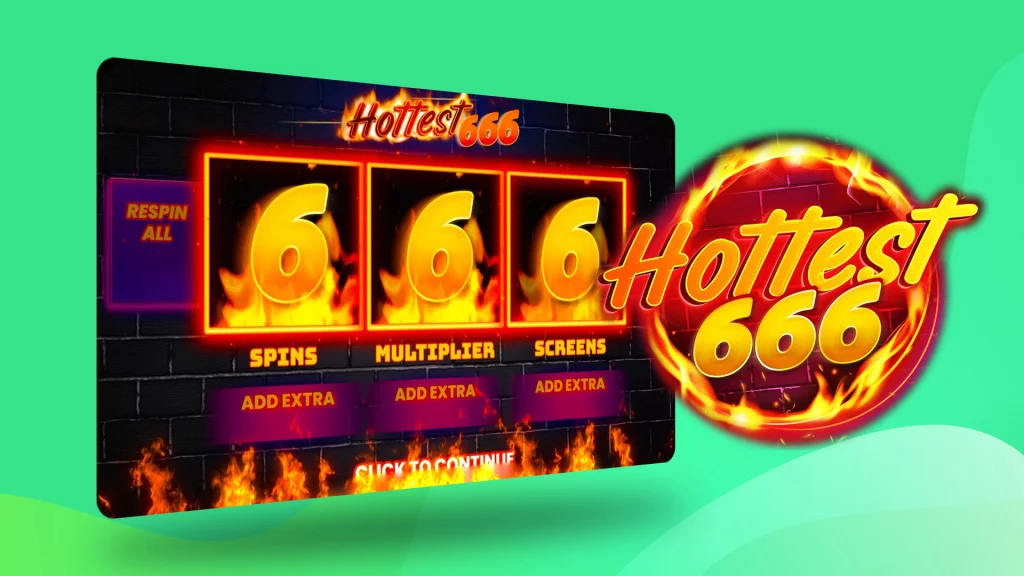 The slot game ‘Hottest 666’ is shown with three reels displaying ‘666’ over a mint-green background and the logo ‘Hottest 666’ on the right side. 