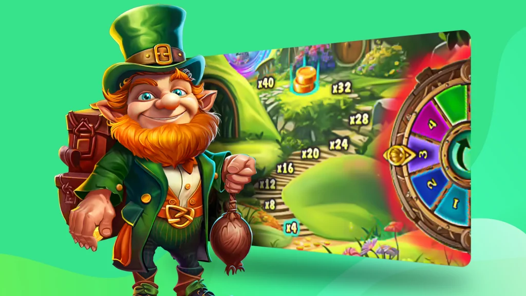 A leprechaun stands to the left of a winding trail of multipliers and both are displayed over a mint-green backdrop