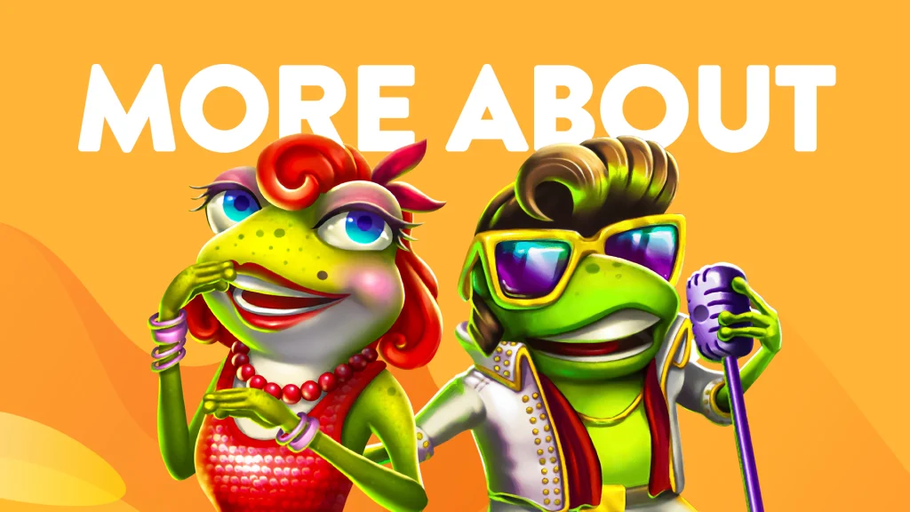 Two dressed-up frogs are on a yellow-orange background and text says ‘More About’ just above them. 
