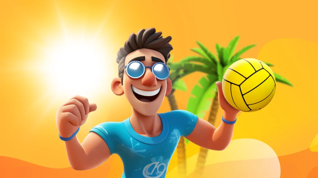 A guy is on the beach with sunglasses and a yellow volleyball with palm trees behind him, and the whole thing is in bright sunshine yellow.