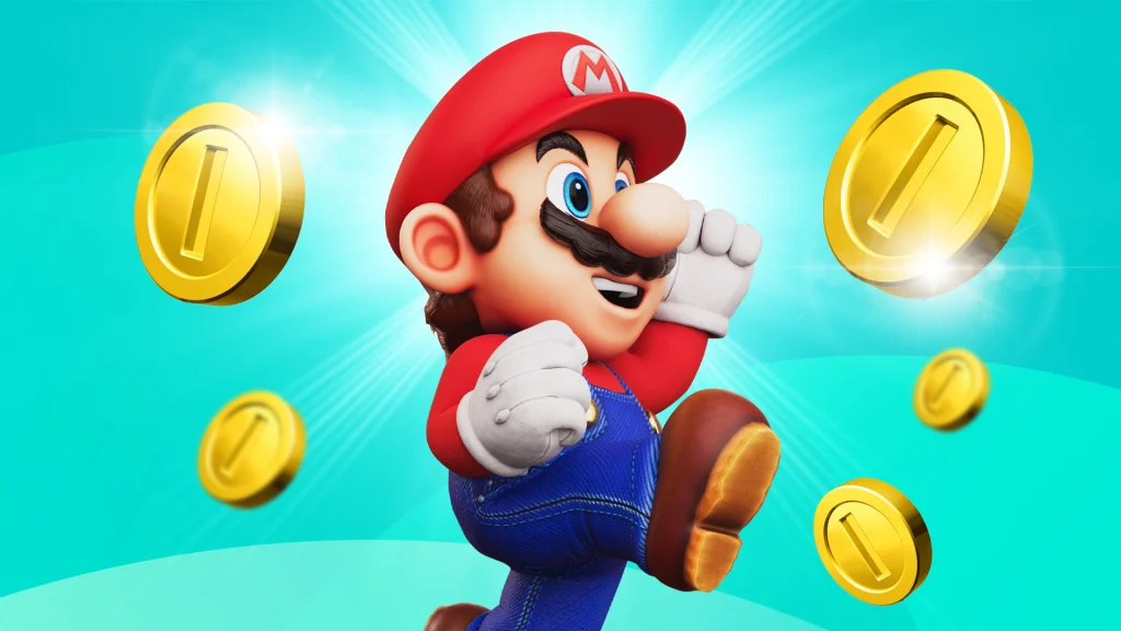 The Nintendo character Mario walks through floating gold coins over a teal background. 