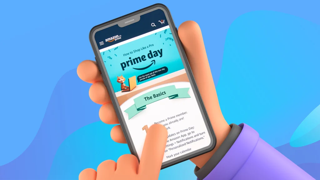 A set of hands is holding a smartphone that says ‘Prime Day’ on a blue and purple background. 