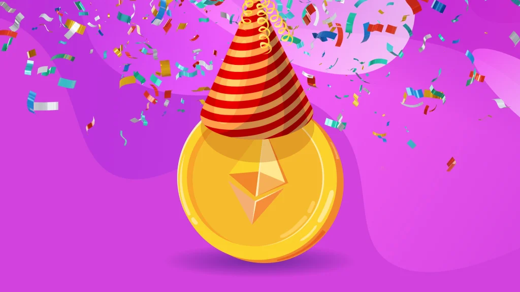 A red and yellow party hat is on top of the Ethereum coin with confetti falling from the top of a purple background. 