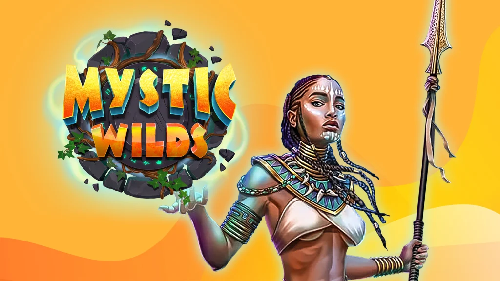 An oracle in the forest with glowing light on her face and a spear holds up text that says ‘Mystic Wilds’, and everything is on a yellow-gold background. 