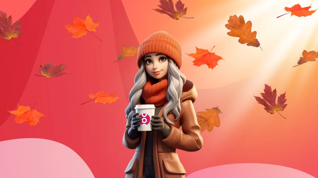 Autumn leaves are drifting over a red background and a woman with long hair and an orange beanie is holding a to-go coffee cup with the SlotsLV logo on it.