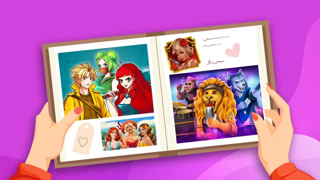 There’s a purple background and we see various slot characters in a photo album with a pair of hands holding it.