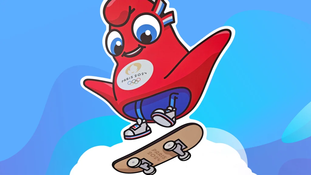 A red bird with the “Paris 2024” Olympics logo is soaring through a blue sky with clouds on a skateboard. 