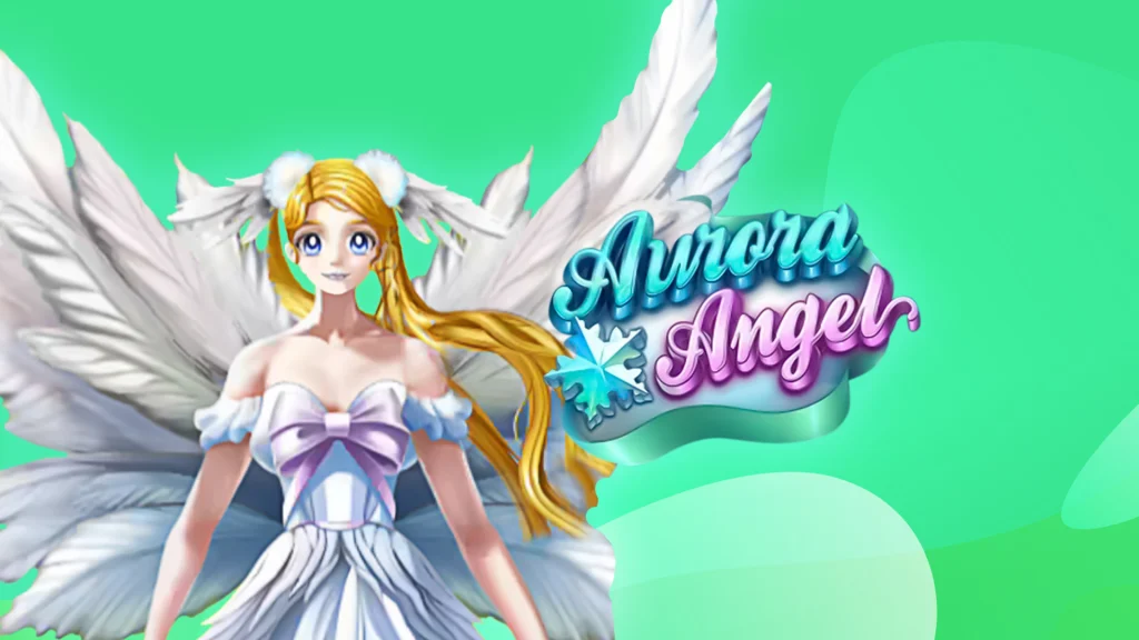 A mint-green background with an anime angel to the right of words that say ‘Aurora Angel’, a SlotsLV slot game.