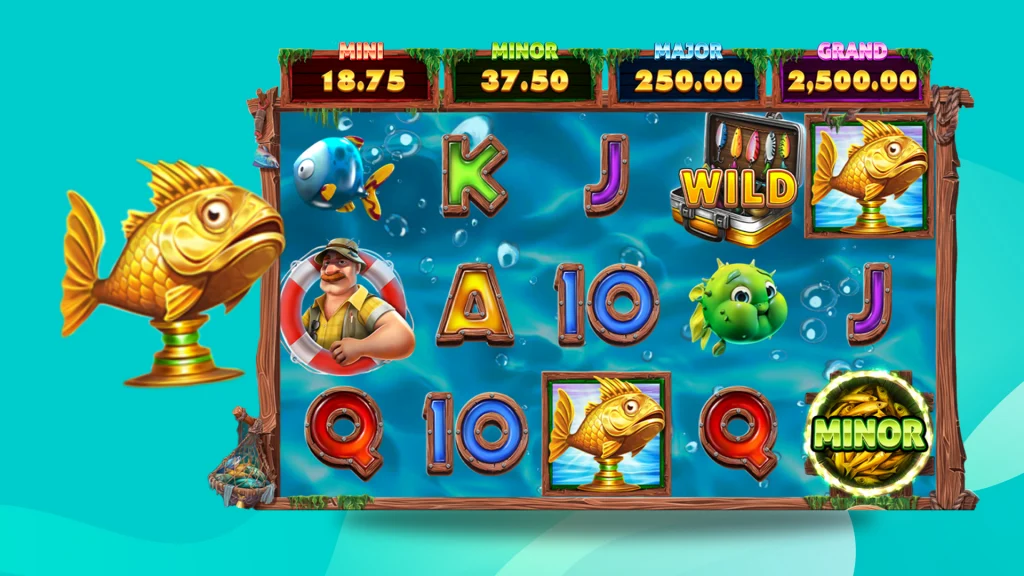 The A Big Catch Hold and Win slot screen with 5 reels and 3 rows and various symbols about fish. 