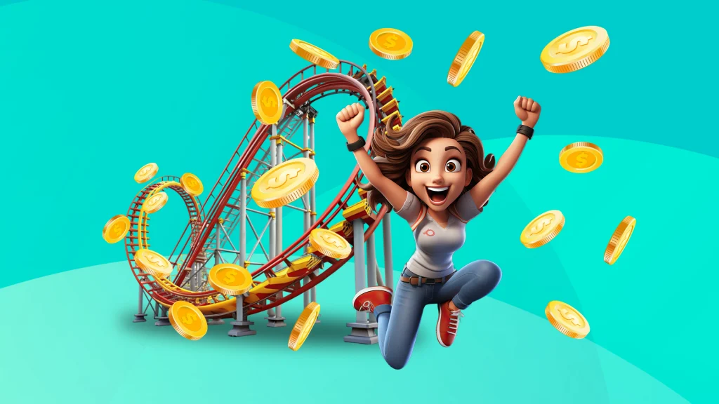 On a teal background, there’s a roller coaster with gold coins flying off it and an ecstatic woman leaping in front.