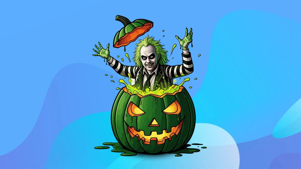 The character Beetlejuice is emerging from a green pumpkin with his arms raised and it’s all on a blue background. 