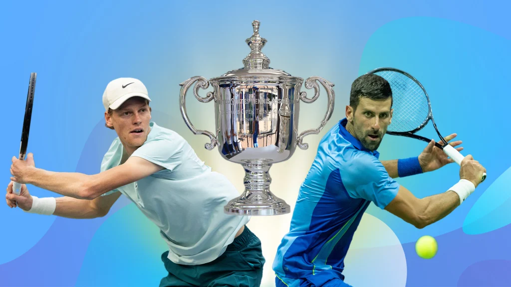 Tennis players Jannik Sinner and Novak Djokovic swing with tennis rackets on either side of a silver trophy, and it’s all on a blue background. 