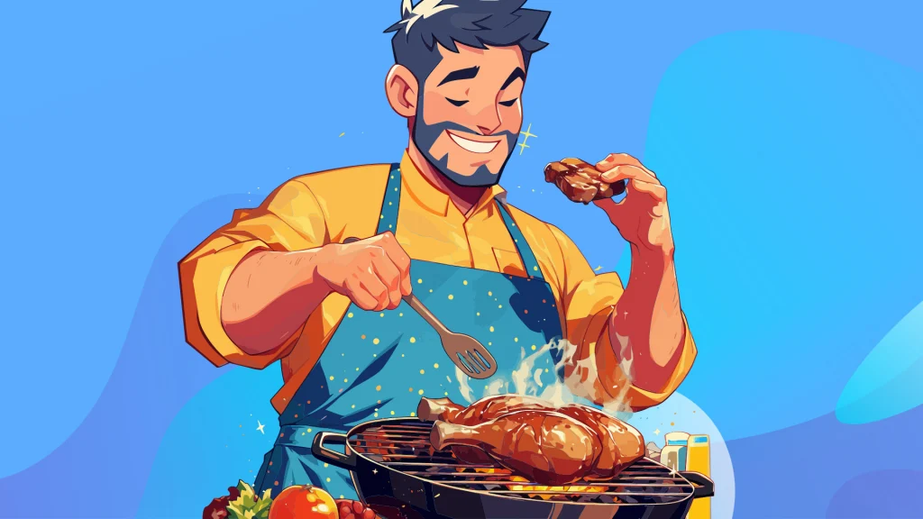 A smiling man with a beard and a blue apron stands over a grill with smoking meat, all on a blue background.