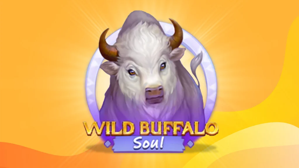 A white buffalo with brown horns is inside a silver circle and below it is text that says ‘Wild Buffalo Soul’, making reference to the SlotsLV game. 