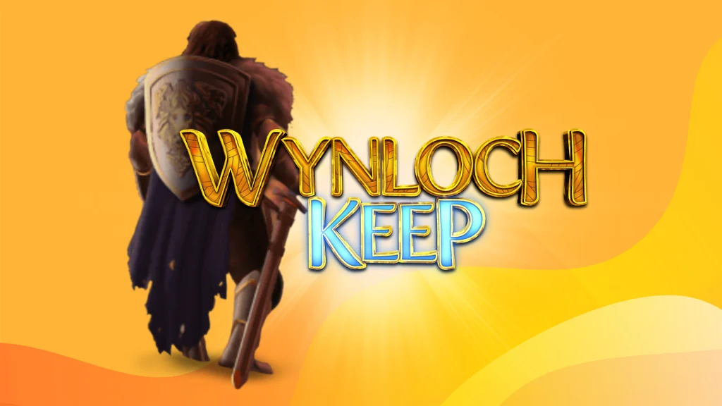 A warrior with tattered clothing, a sword, and a shield stands on a gold background to the right of text reading ‘Wynloch Keep’. 