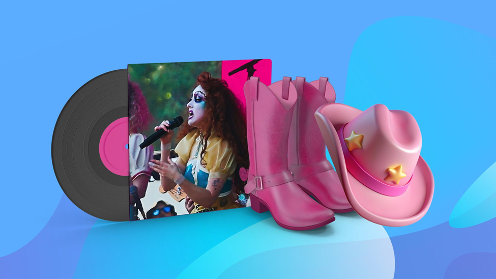 Singer Chappell Roan is pictured singing into a microphone next to a vinyl record and pink cowgirl boots and hat. It’s all on a blue background. 