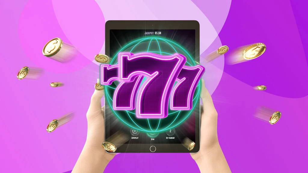 Two hands hold up the “777 Deluxe” logo on a tablet. Gold coins float around it and it’s all on a purple background.