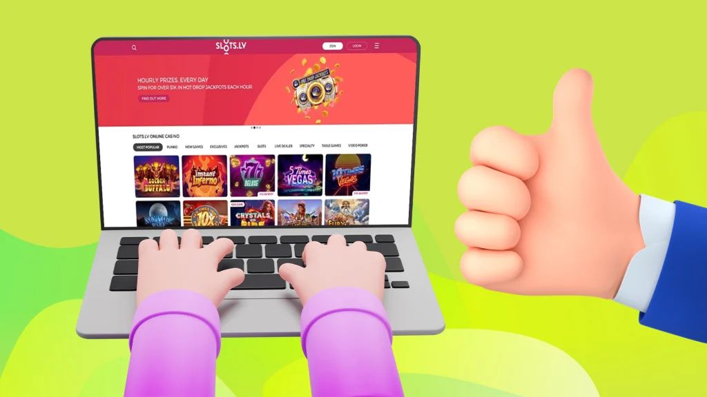 Two hands are typing on a laptop with the SlotsLV casino website, and another hand is flashing a thumbs-up sign to the right. 