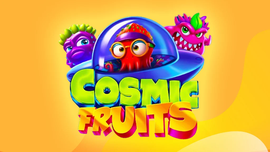 Cosmic Fruits logo, SlotsLV game, displayed with text and characters.