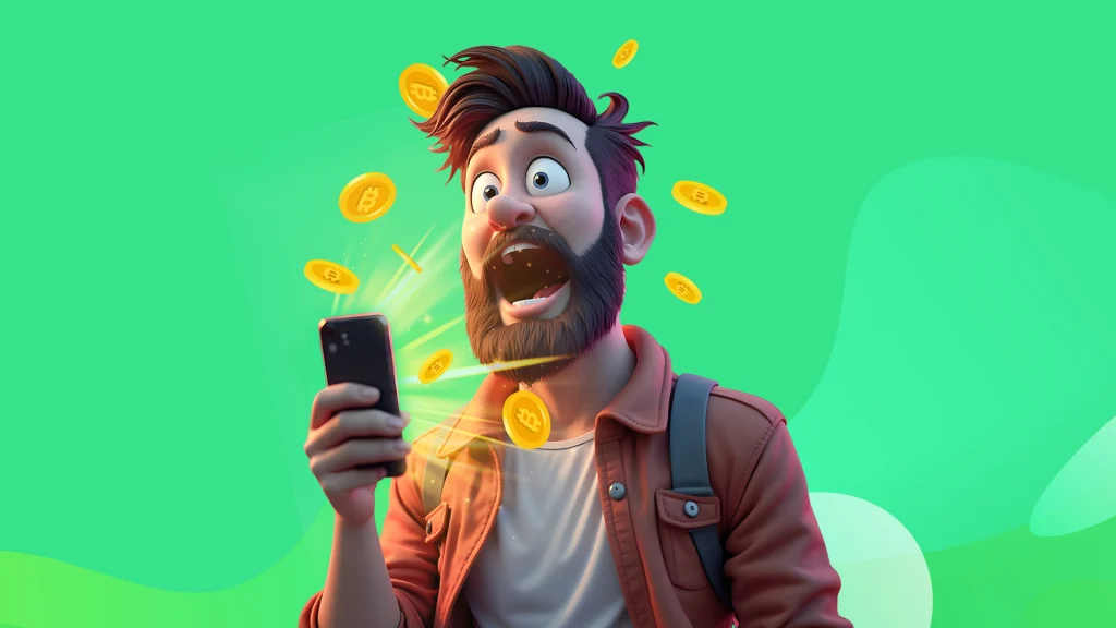 There’s a very excited man with wide-open eyes staring at his phone, emitting a bright light. This is displayed on a bright green image.