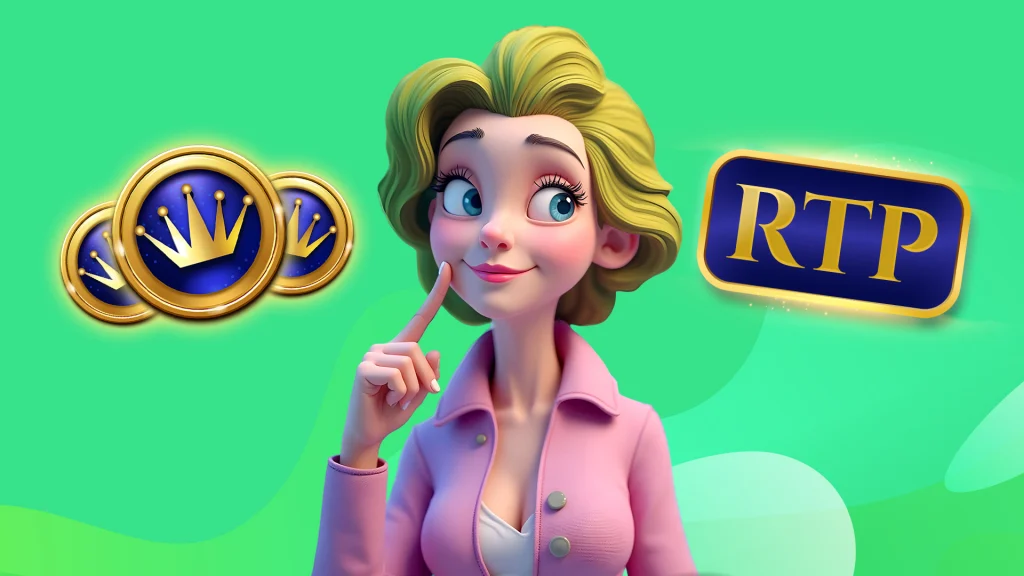 The acronym “RTP” is displayed to the right of a blonde woman in a pink jacket. To her left are three crown symbols, and the entire image is bright green