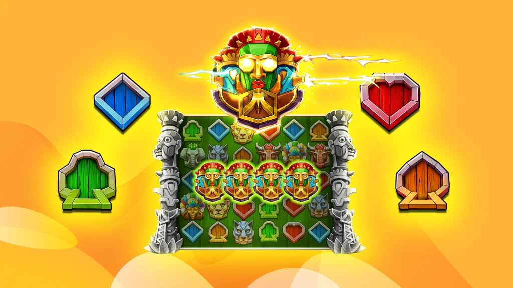 A vibrant gameplay screen of the King of Africa slot, featuring colorful tribal symbols, totem poles, and glowing icons on a green background.