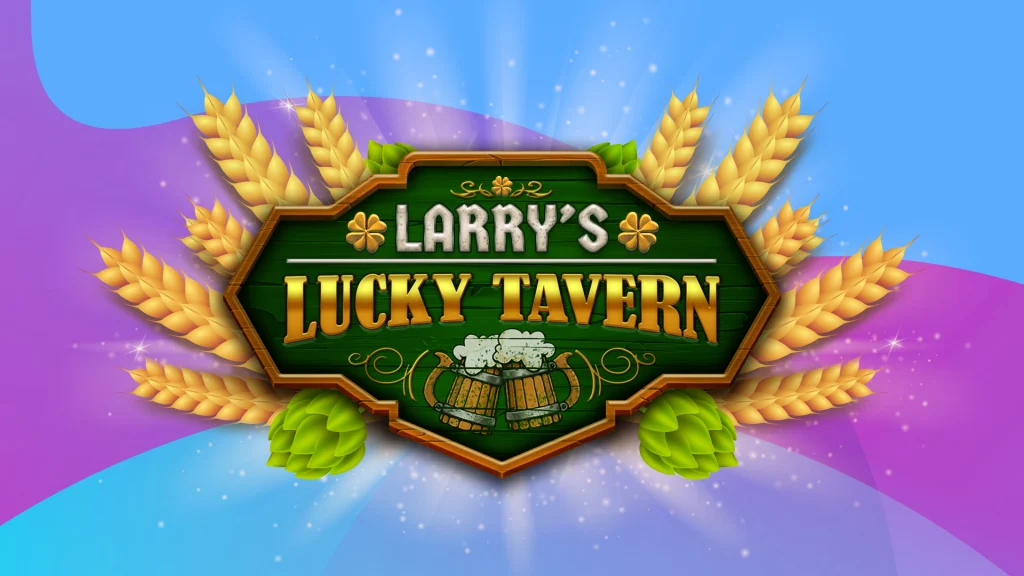 The text “Larry’s Lucky Tavern” (from the SlotsLV game) is displayed over an array of golden wheat, and that’s all on a purple and blue glittery background.