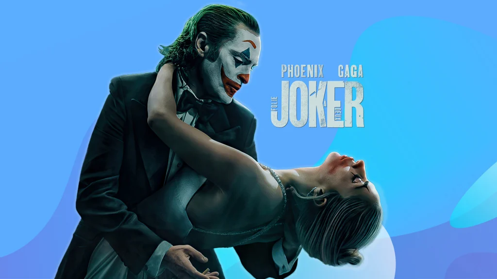 The image features a scene from the film "Joker: Folie à Deux," showcasing Joaquin Phoenix as the Joker in a tuxedo, holding Lady Gaga's character in a dramatic dance pose. Both characters are depicted with intense expressions, with the Joker's signature clown makeup and hairstyle prominently displayed. 