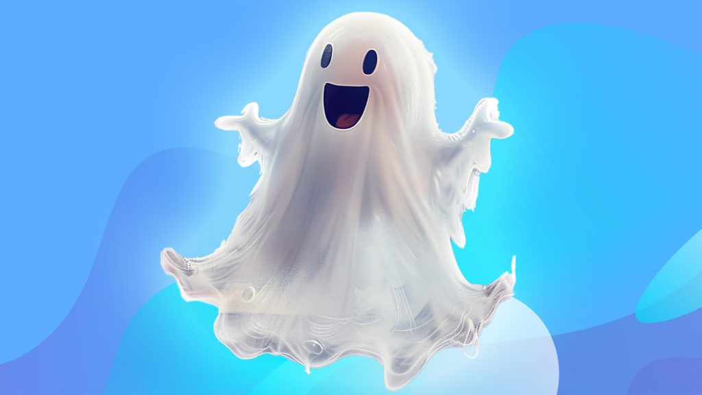 A big white ghost is smiling in the center of a blue and purple wavy backdrop. 