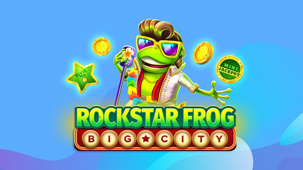 The Rockstar Frog logo, featuring a stylish frog in sunglasses and an Elvis-inspired outfit, holding a microphone, with jackpot coins in the background.