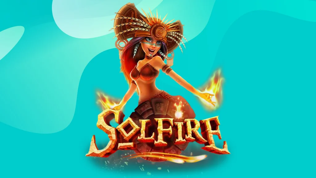 This is an image of the main character from the Solfire slot from SlotsLV, holding fire and wearing tribal clothing, poised over text that says “Solfire”.