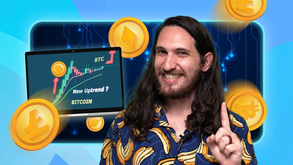 Influencer Sidney Raz in front of a financial chart with golden coins around