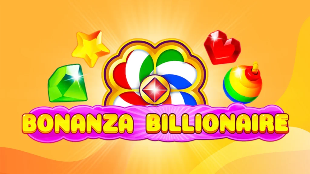 A pinwheel with swirls of blue, green, and red is in the center of shiny gems and a colorful bomb, with the text ‘Bonanza Billionaire’ in the center on a pink banner. The whole thing is on a golden background. 