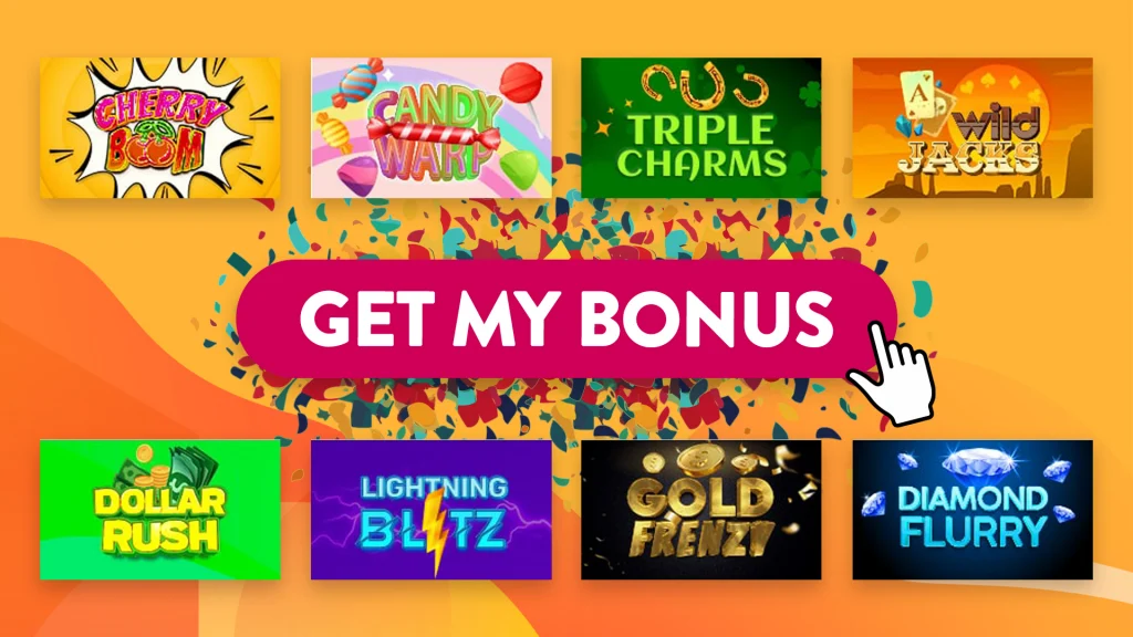 The eight tiers of the MySlots Rewards program are displayed on a gold-yellow background with confetti behind it and text that says ‘Get My Bonus’ in the middle. 