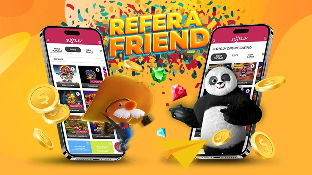 It says ‘Refer a Friend’ between two smartphones on the SlotsLV website. A prospector with a mustache is in front of the left one and a panda is in front of the right. 