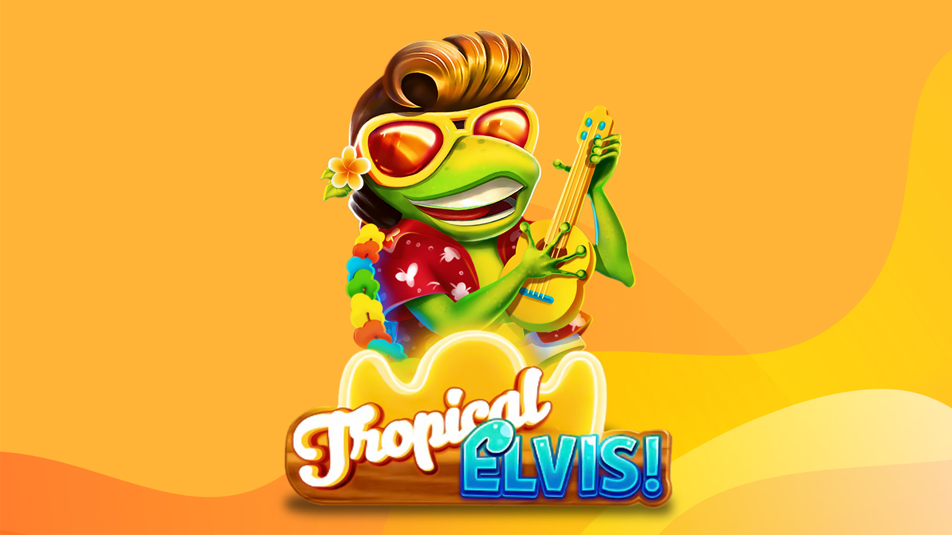 An Elvis impersonator dressed as a frog is strumming a ukulele in a Hawaiian shirt over a piece of driftwood that says ‘Tropical Elvis’ over it.